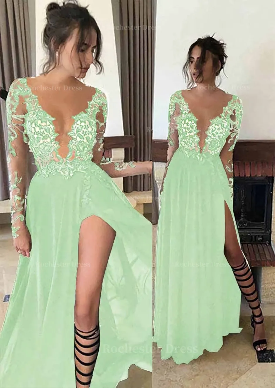 Chiffon Long/Floor-Length A-Line/Princess Full/Long Sleeve Bateau Zipper Up At Side Prom Dress With Appliqued