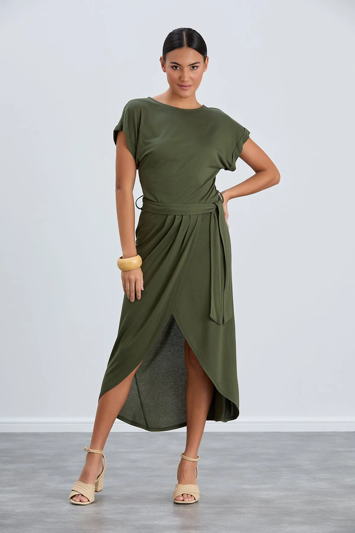 Classic Wrap Midi Dress in Chic Khaki