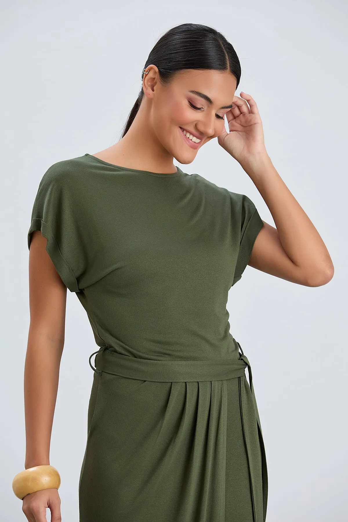 Classic Wrap Midi Dress in Chic Khaki