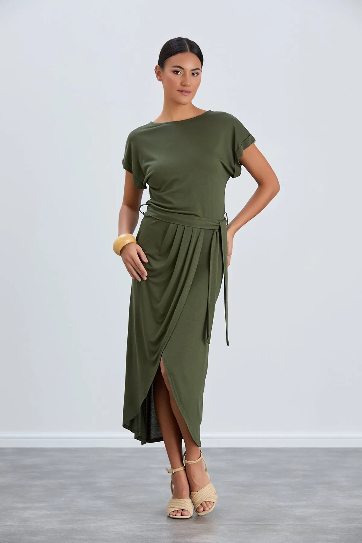 Classic Wrap Midi Dress in Chic Khaki