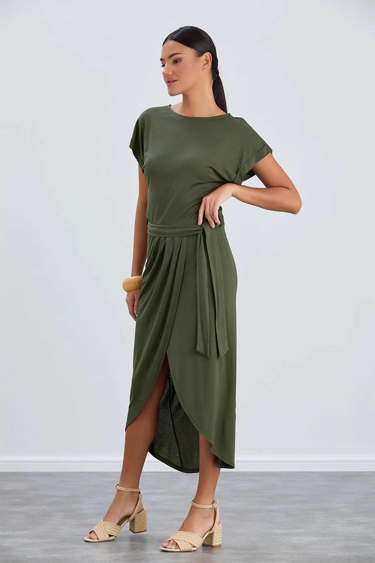 Classic Wrap Midi Dress in Chic Khaki