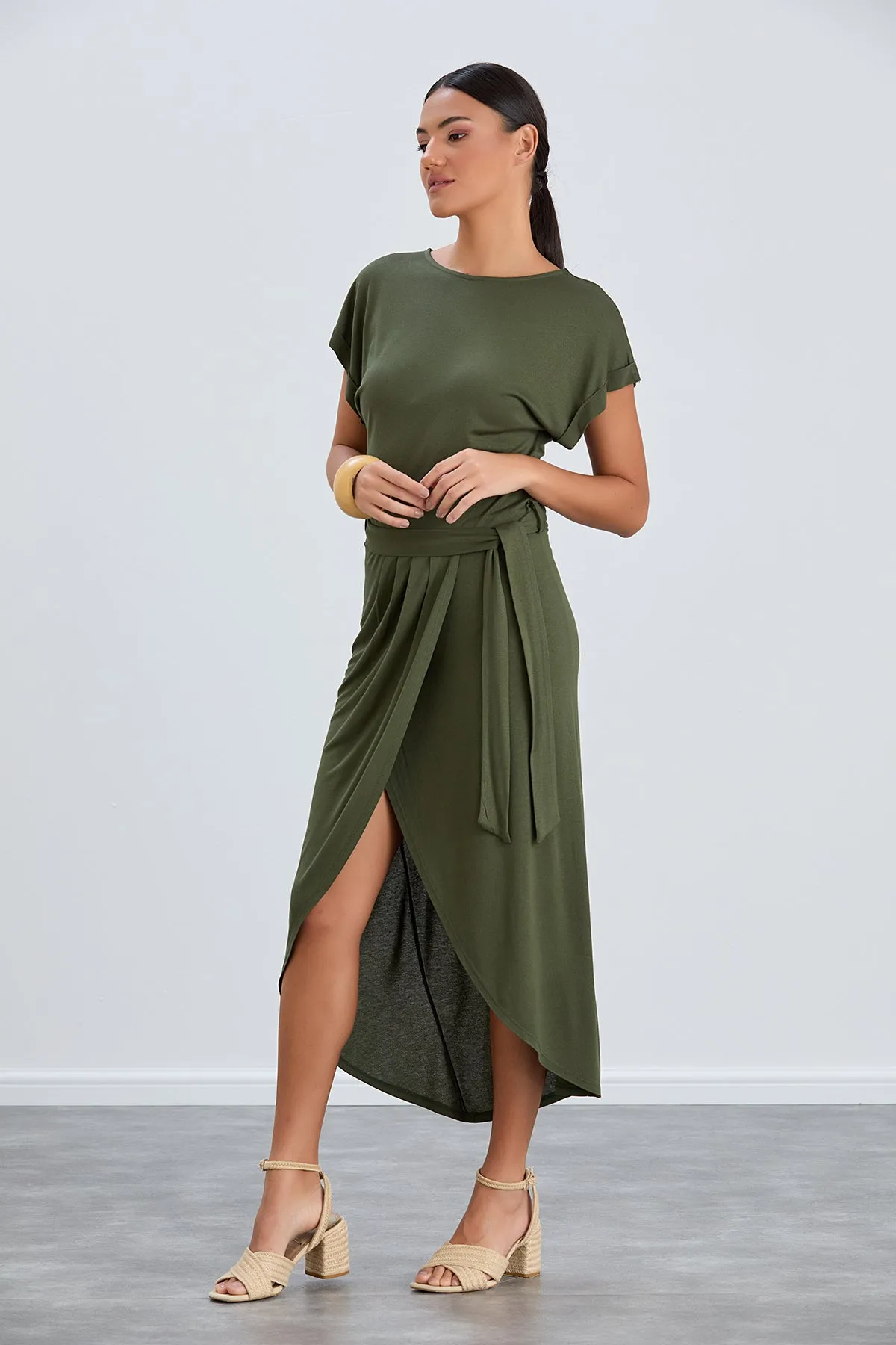 Classic Wrap Midi Dress in Chic Khaki