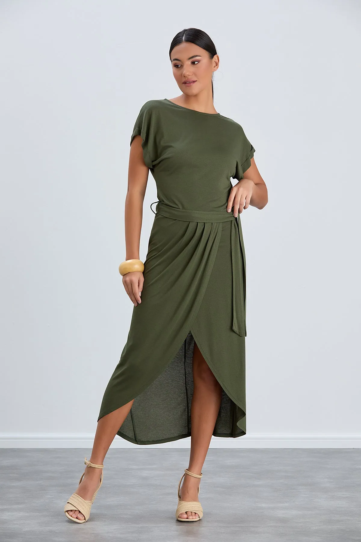 Classic Wrap Midi Dress in Chic Khaki