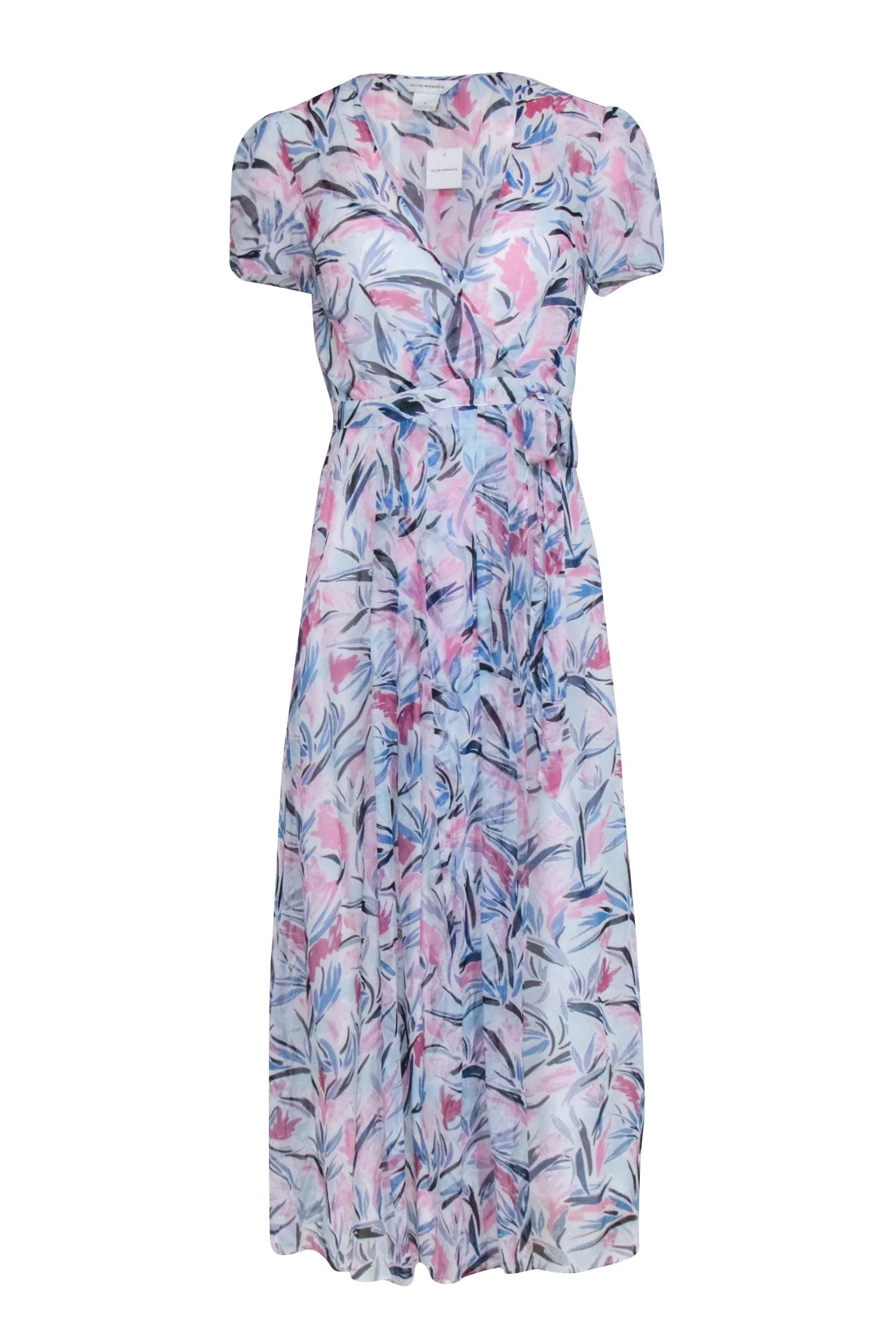 Club Monaco - Blue, White, & Pink Print Short Sleeve Wrap Maxi Dress Sz 0