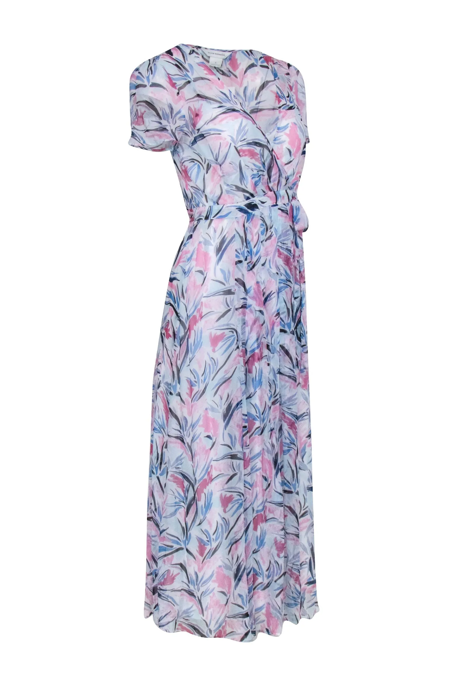 Club Monaco - Blue, White, & Pink Print Short Sleeve Wrap Maxi Dress Sz 0