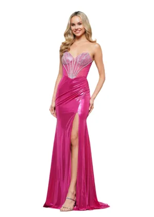 Colors Dress 3551 Sheer Crystal Corset Metallic Prom Dress V Neck Ruched Wrap slit Pageant Gown