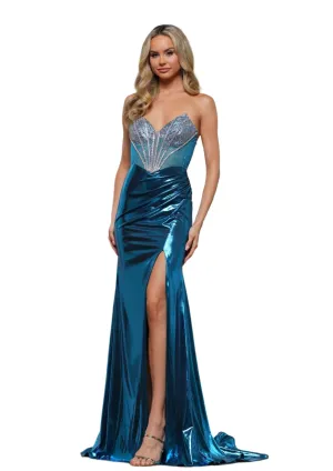 Colors Dress 3551 Size 6 Teal Sheer Crystal Corset Metallic Prom Dress V Neck Ruched Wrap slit Pageant Gown