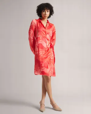 Coral Red Satin Abstract Print Shirt Style Mini Wrap Dress