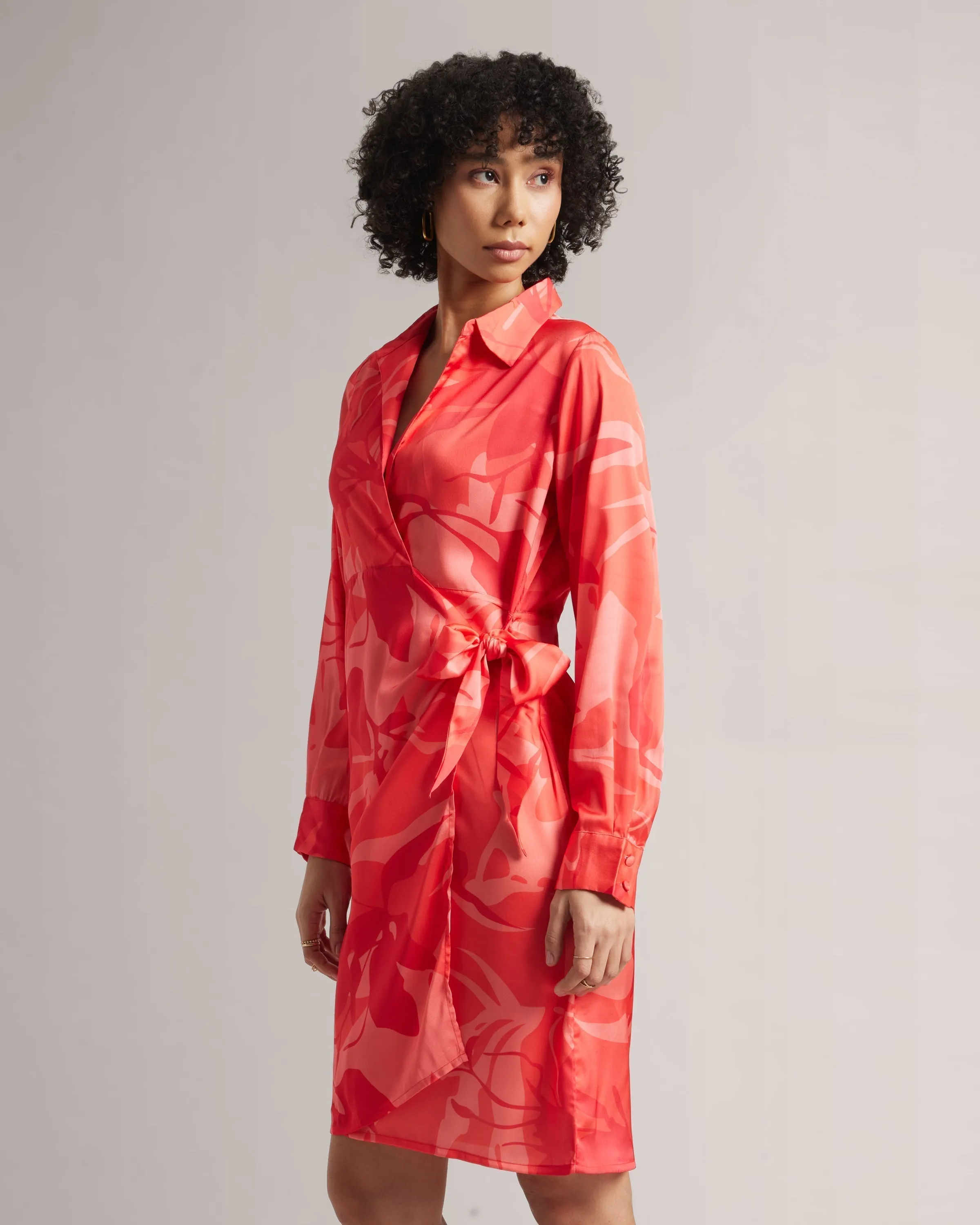 Coral Red Satin Abstract Print Shirt Style Mini Wrap Dress