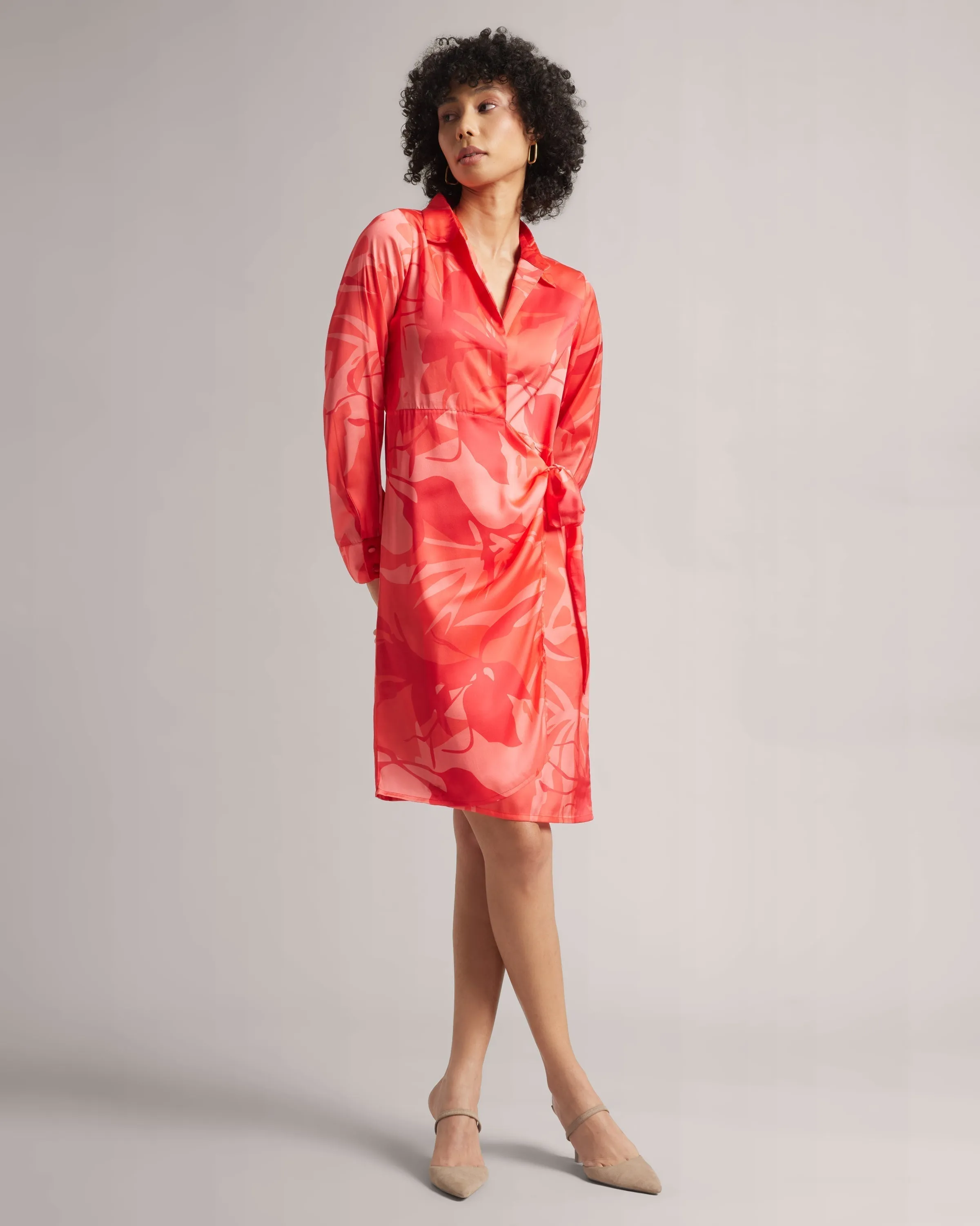 Coral Red Satin Abstract Print Shirt Style Mini Wrap Dress