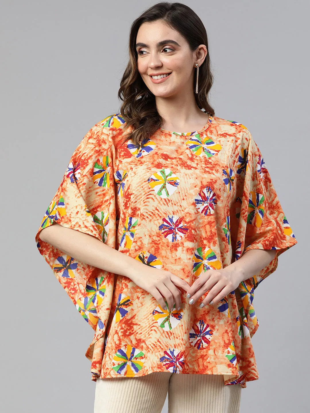 Cottinfab Geometric Print Kimono Sleeve Crepe Kaftan Longline Top