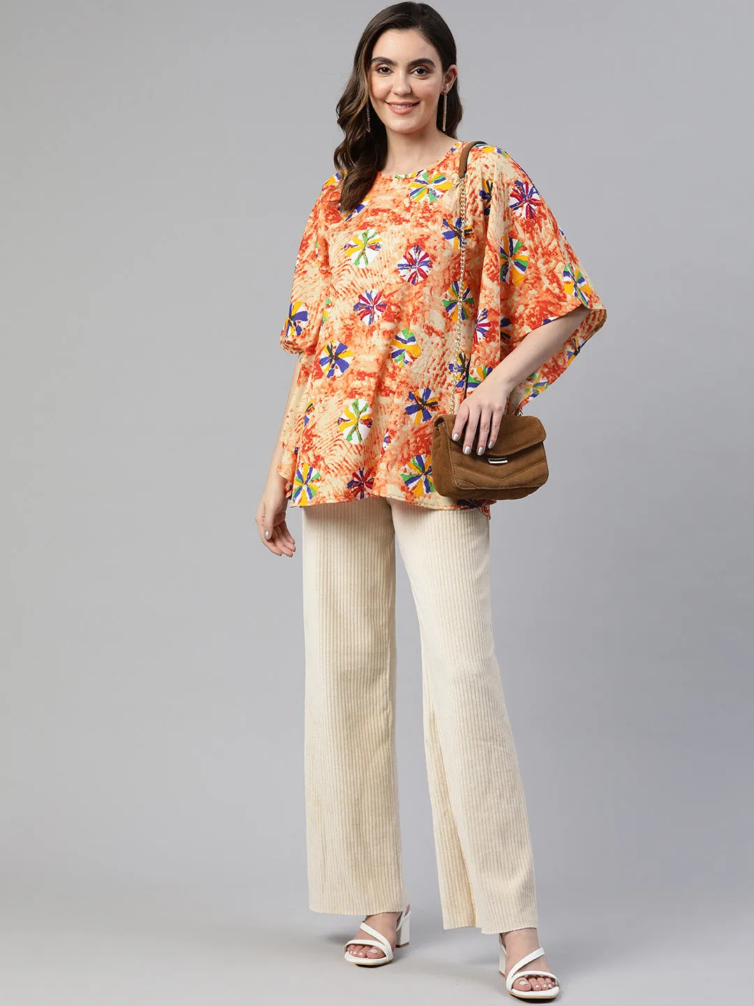 Cottinfab Geometric Print Kimono Sleeve Crepe Kaftan Longline Top