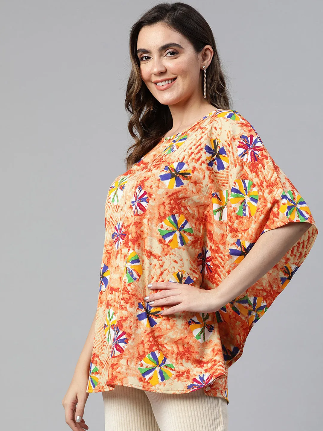 Cottinfab Geometric Print Kimono Sleeve Crepe Kaftan Longline Top