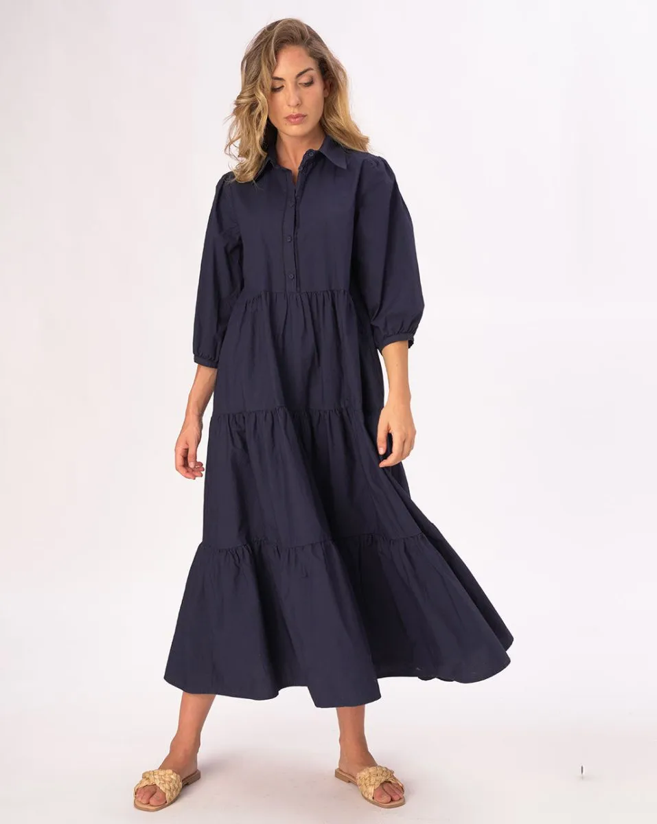 Cotton Tiered Waist Button Up Shirtdress