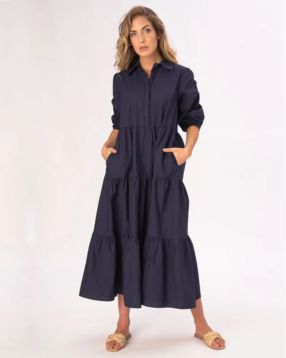 Cotton Tiered Waist Button Up Shirtdress