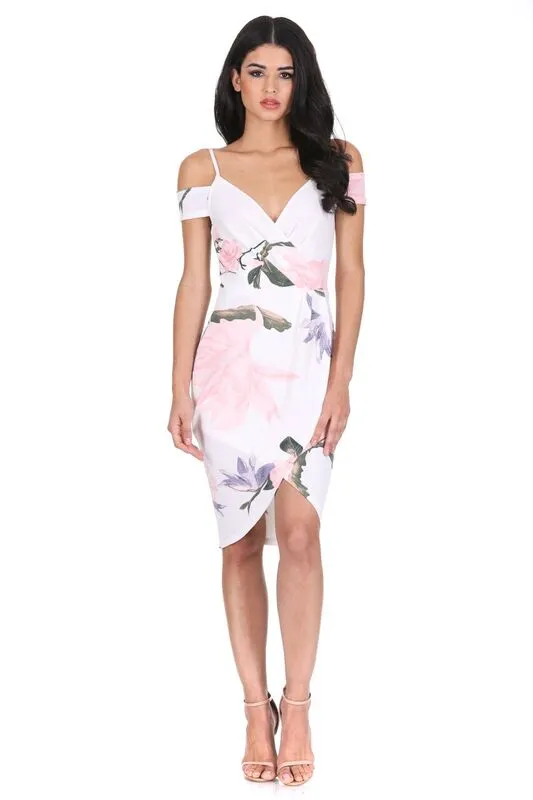 Cream Floral Printed Wrap Dress