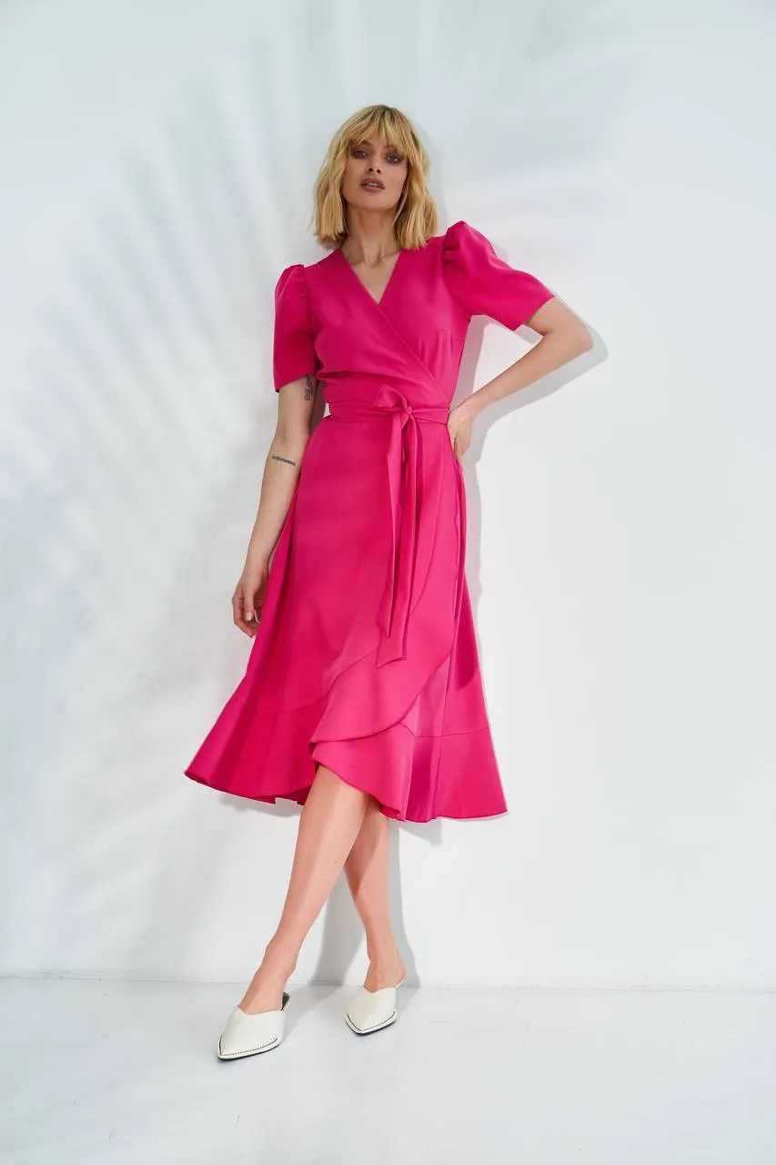 Crimson Wrap Short Sleeve Midi Dress