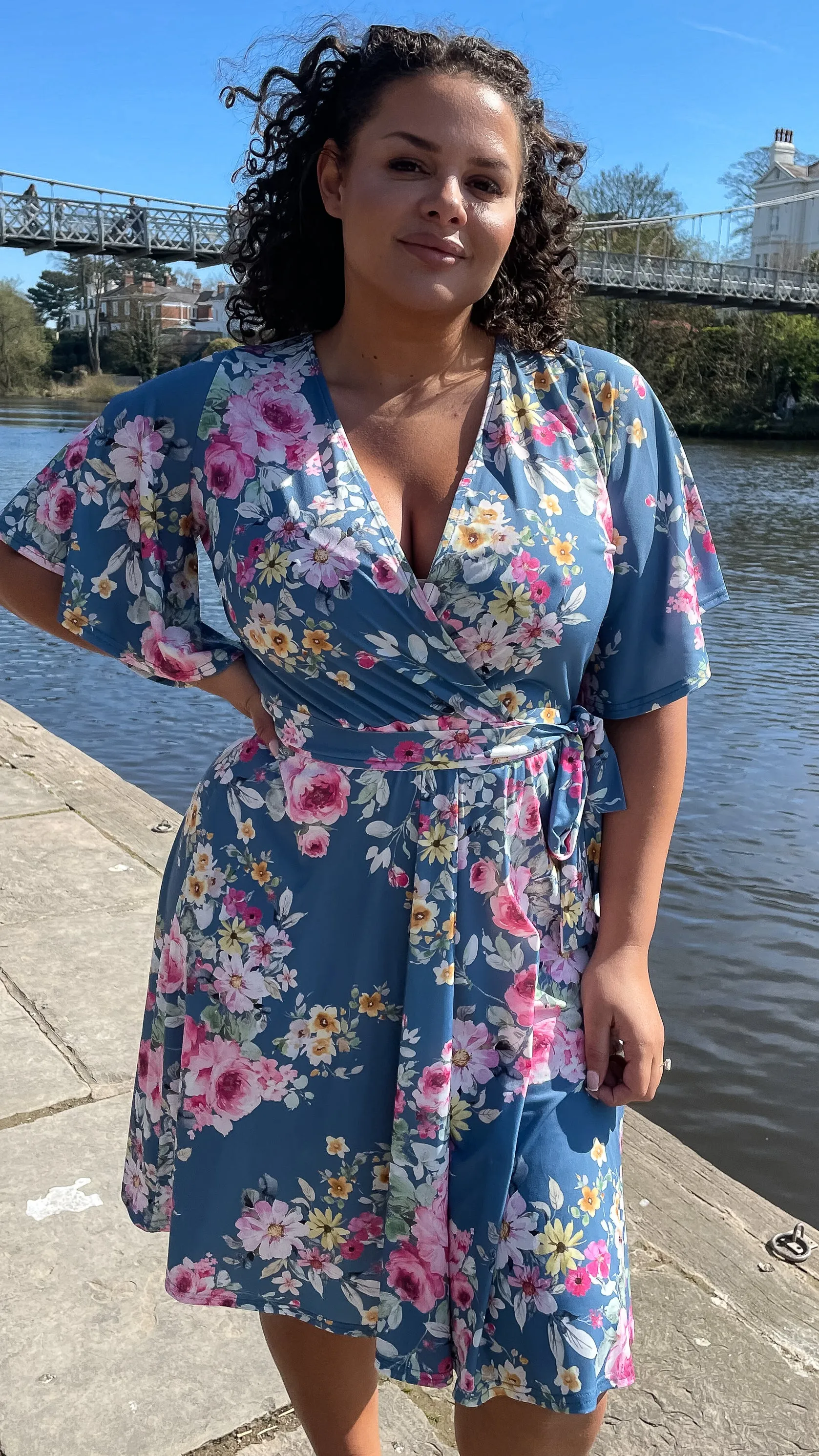 CurveWow Angel Sleeve Wrap Midi Dress Blue Floral