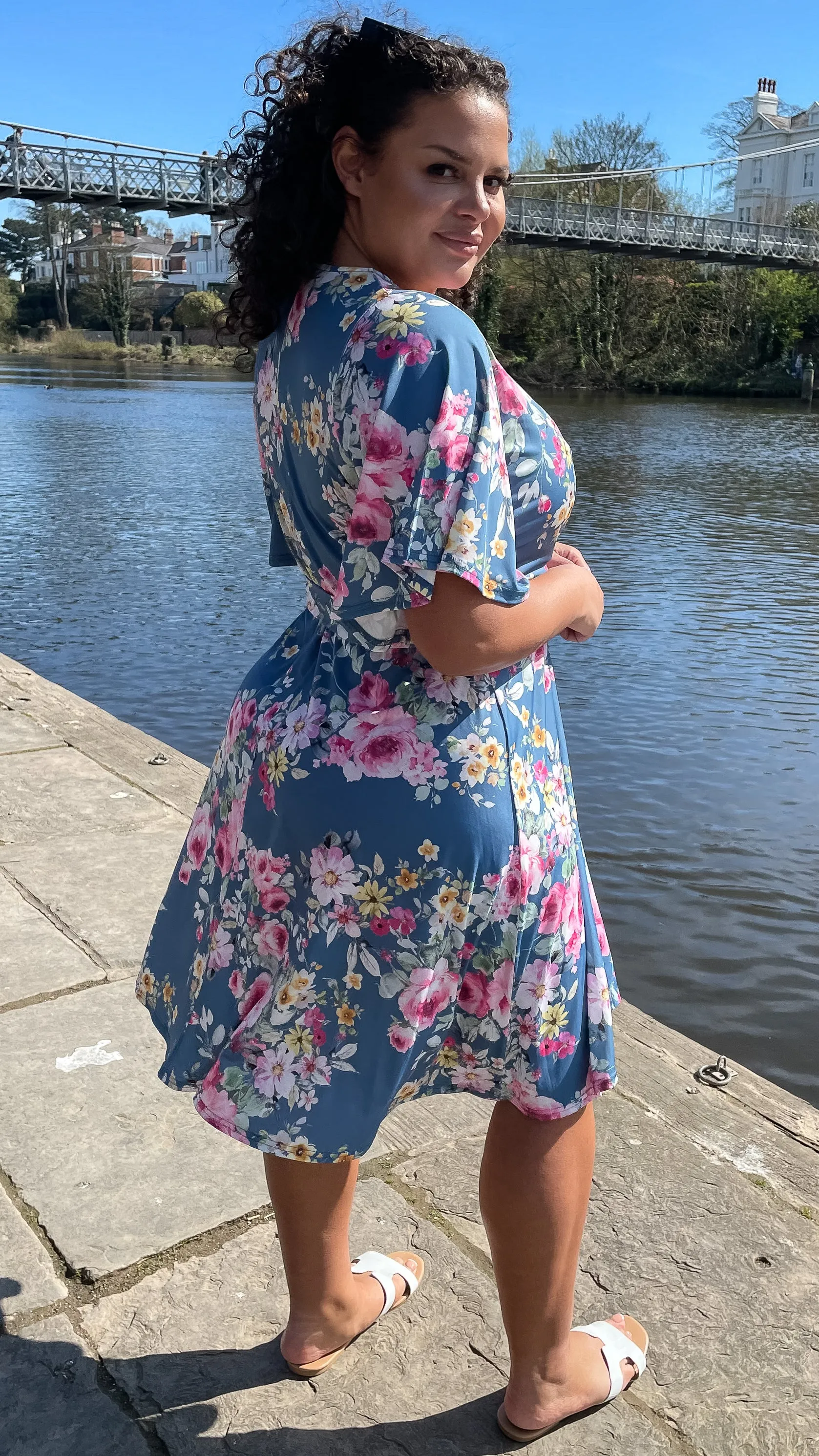 CurveWow Angel Sleeve Wrap Midi Dress Blue Floral