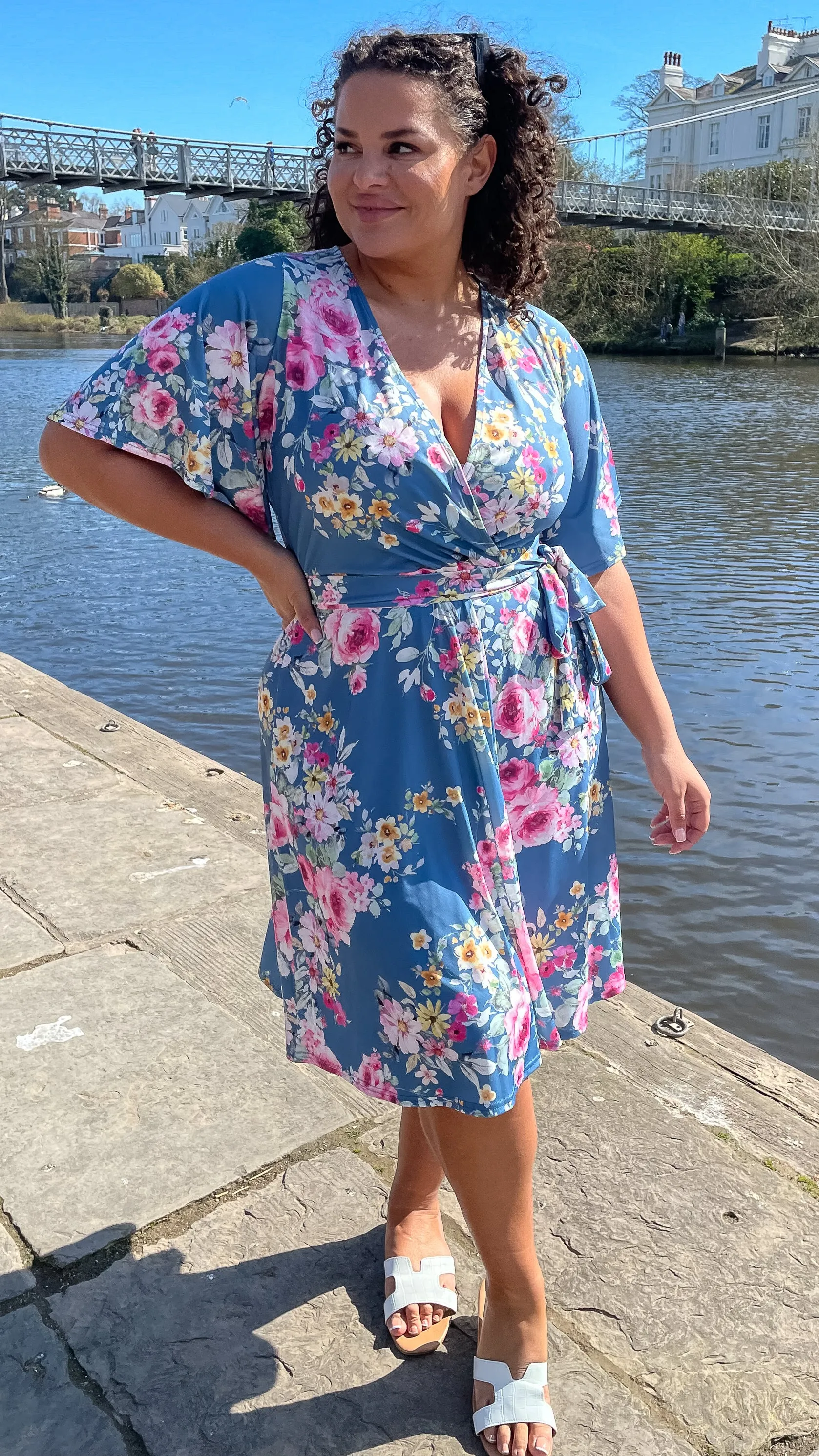 CurveWow Angel Sleeve Wrap Midi Dress Blue Floral