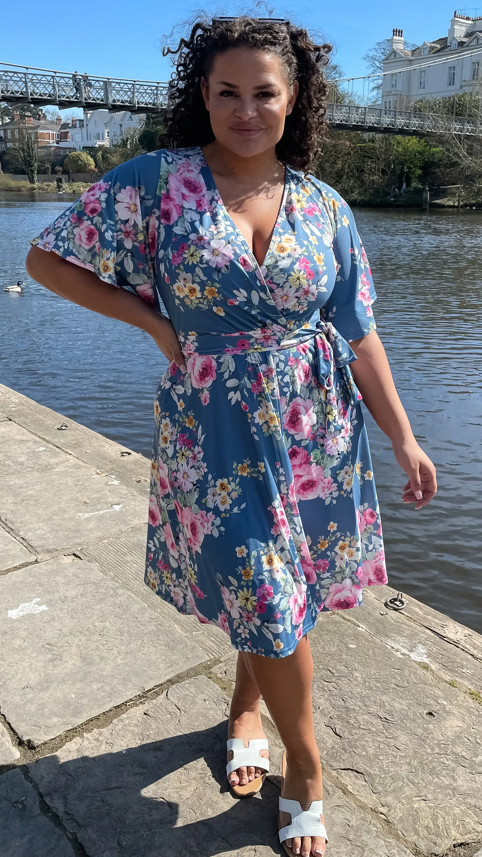 CurveWow Angel Sleeve Wrap Midi Dress Blue Floral