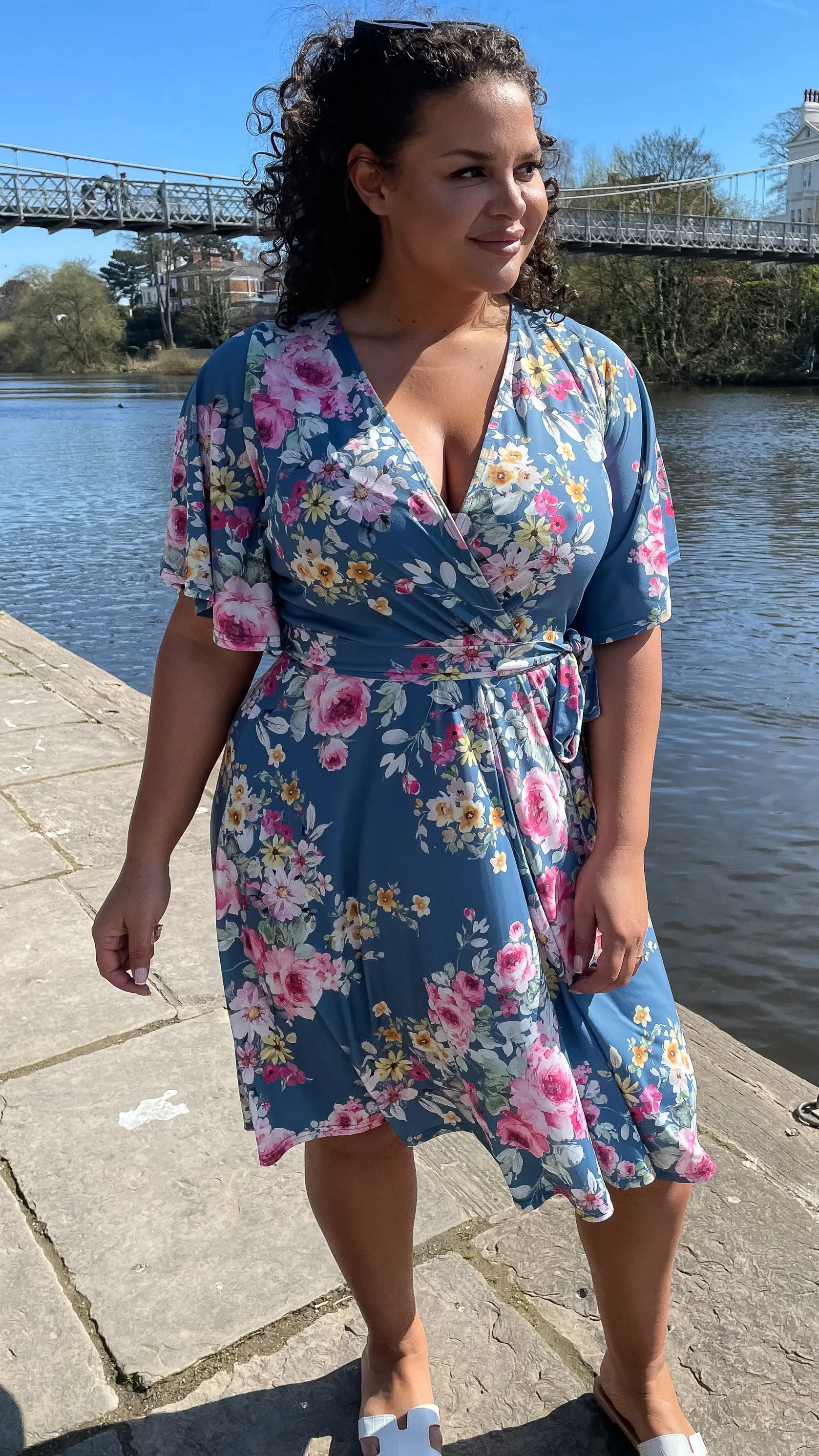 CurveWow Angel Sleeve Wrap Midi Dress Blue Floral