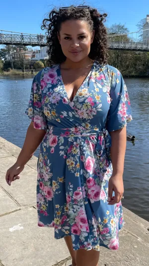 CurveWow Angel Sleeve Wrap Midi Dress Blue Floral