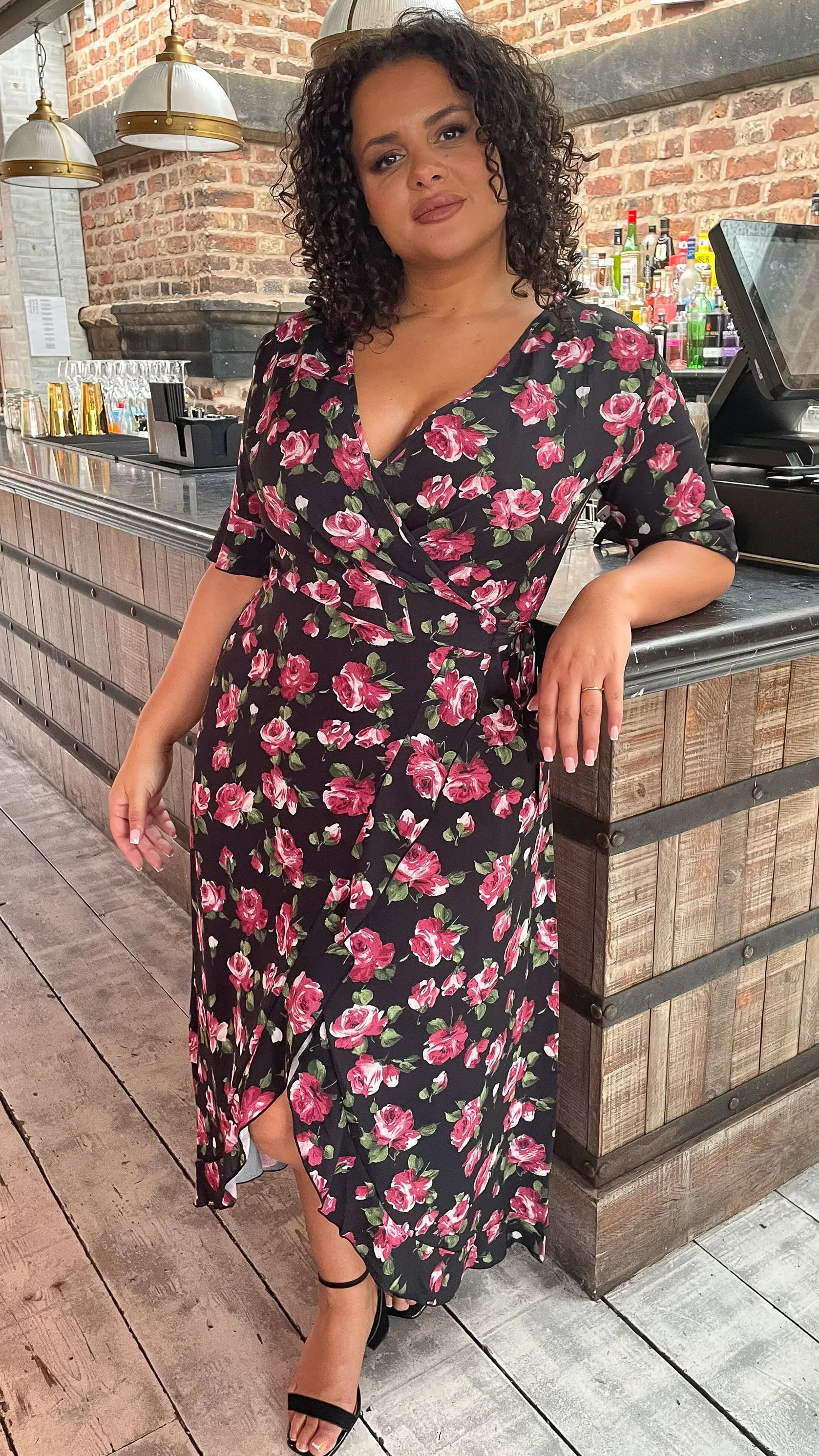 CurveWow Frill Wrap Maxi Dress Black Floral