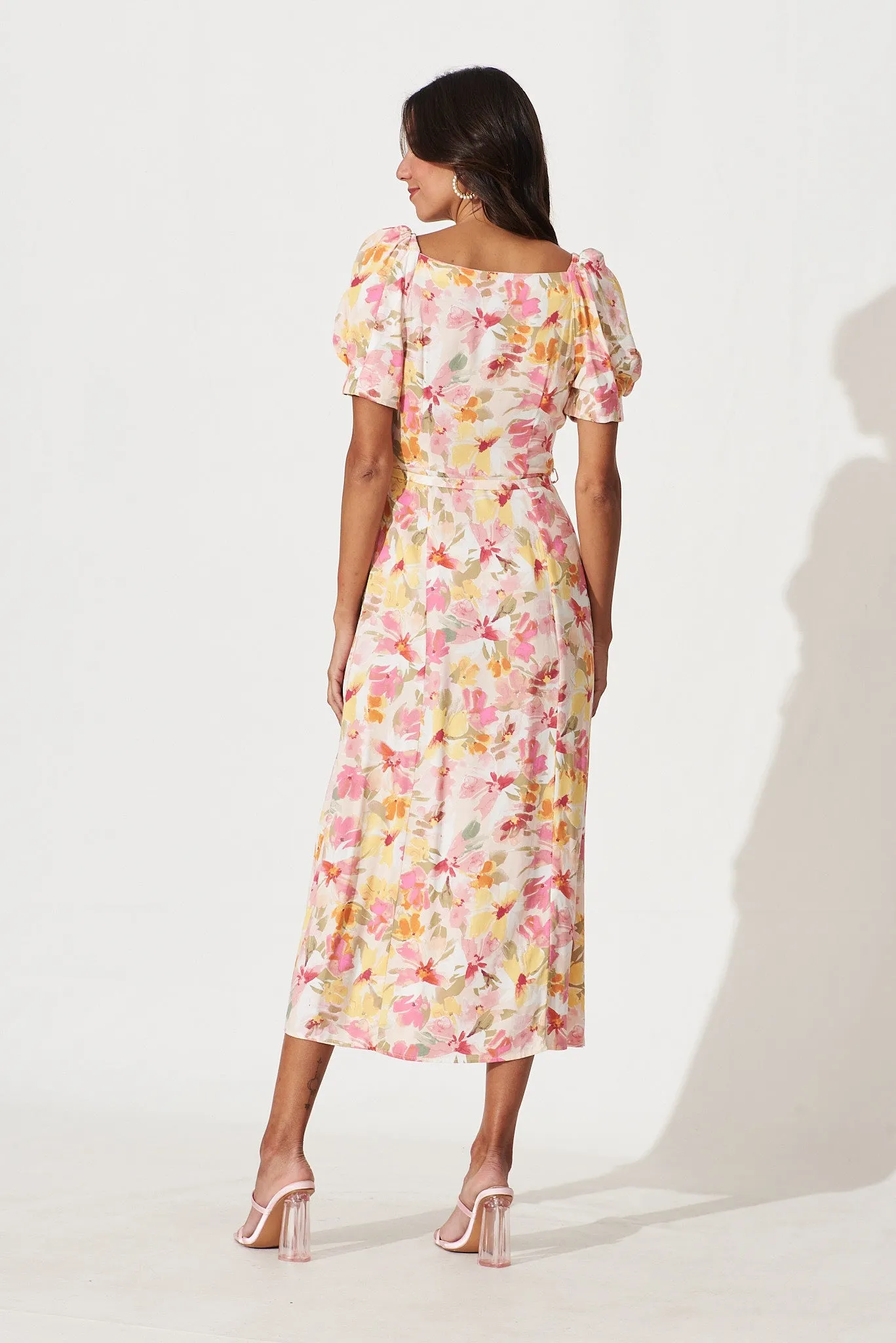 Cyprus Midi Dress In Pink With Multi Floral