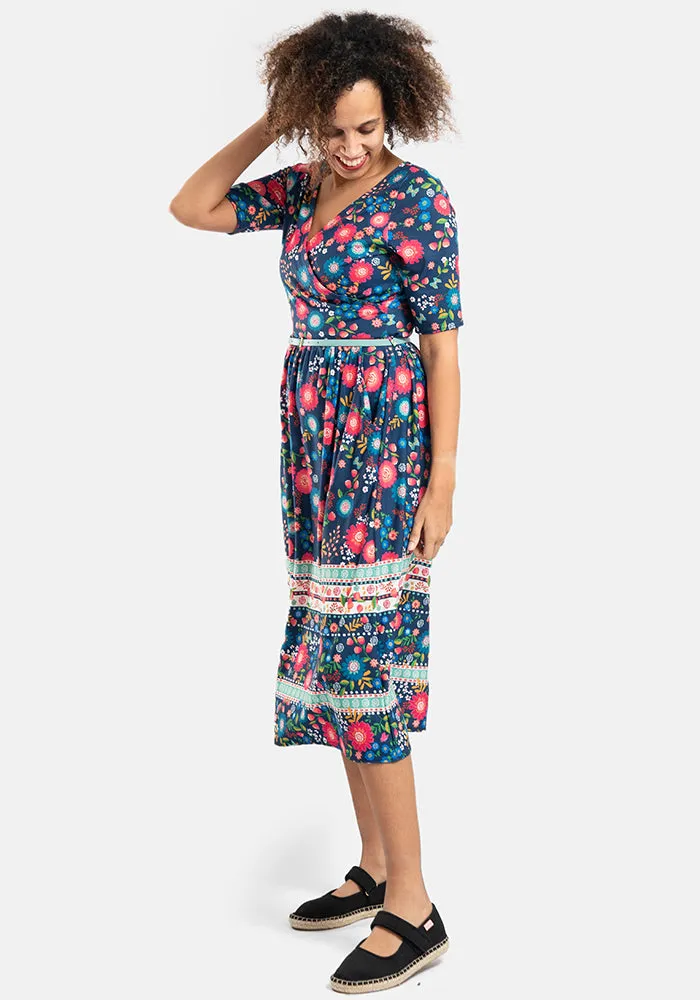 Damita Floral Border Print Midi Dress