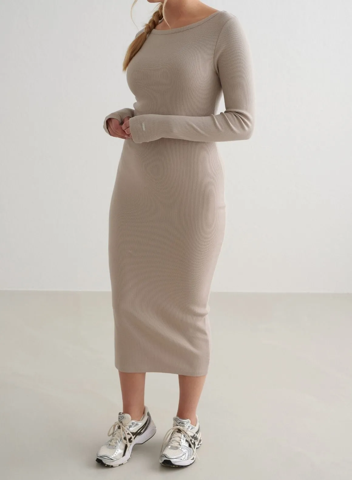 Dark Clay Ease Ribbed Long Sleeve Dress