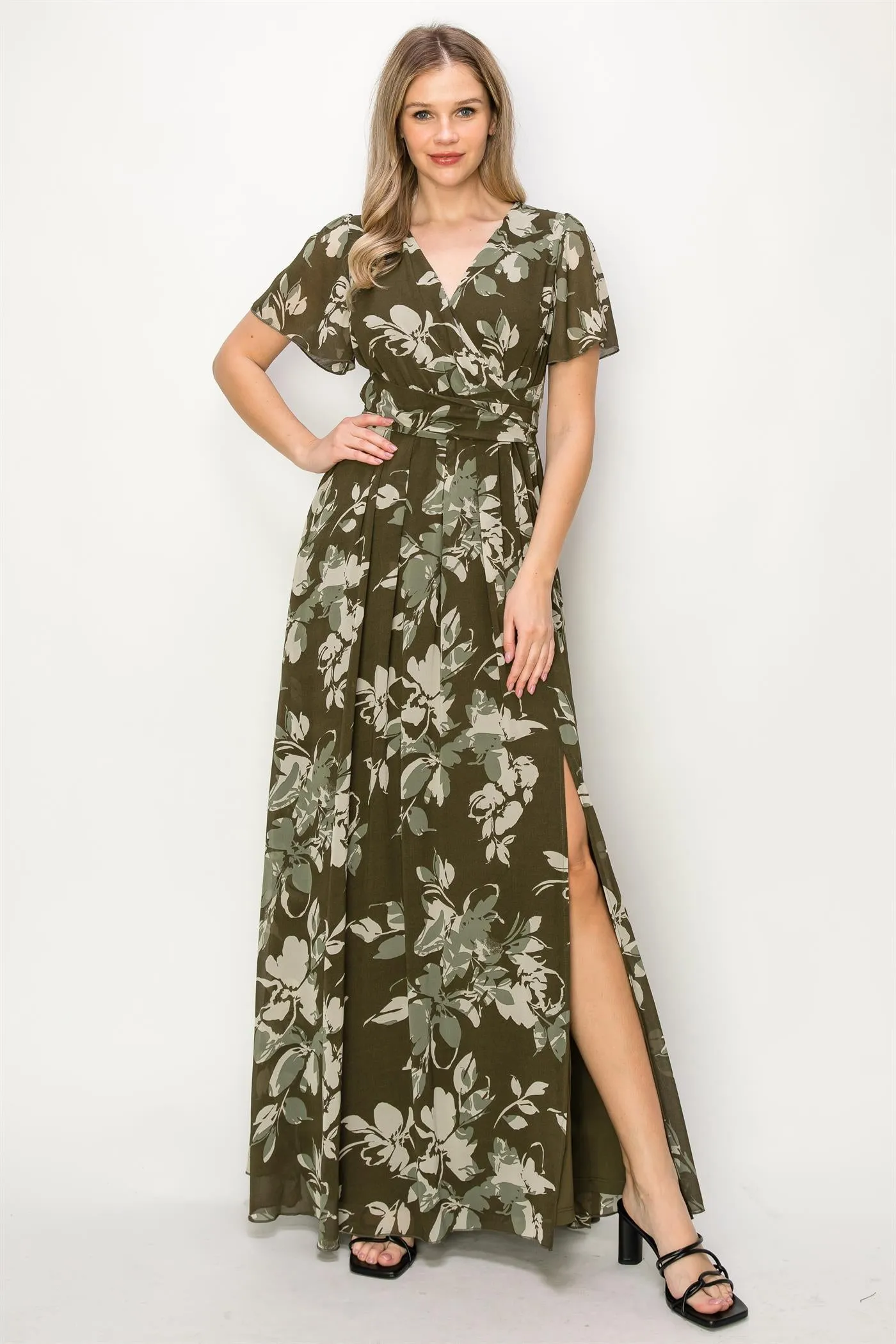 Dark olive green floral droopy sleeves back detailing OL24A043