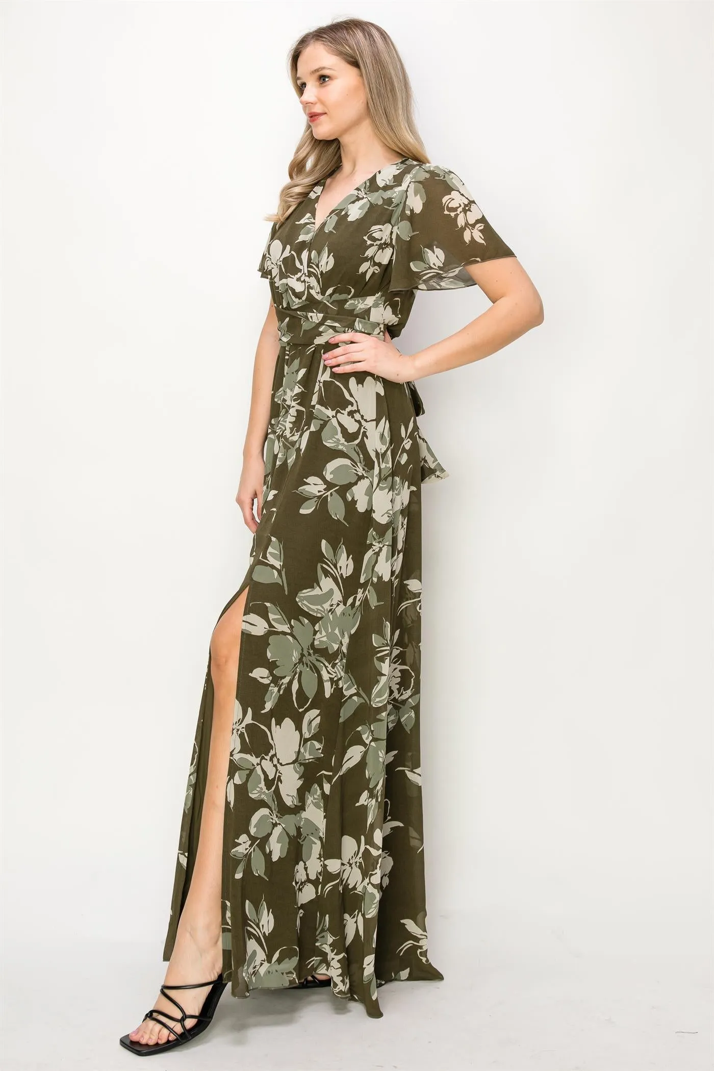 Dark olive green floral droopy sleeves back detailing OL24A043