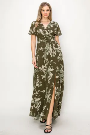 Dark olive green floral droopy sleeves back detailing OL24A043