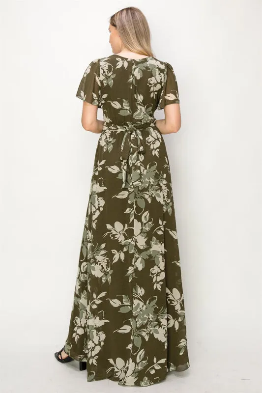 Dark olive green floral droopy sleeves back detailing OL24A043