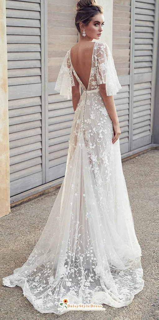 Deep V-back Boho Lace Summer Wedding Dress