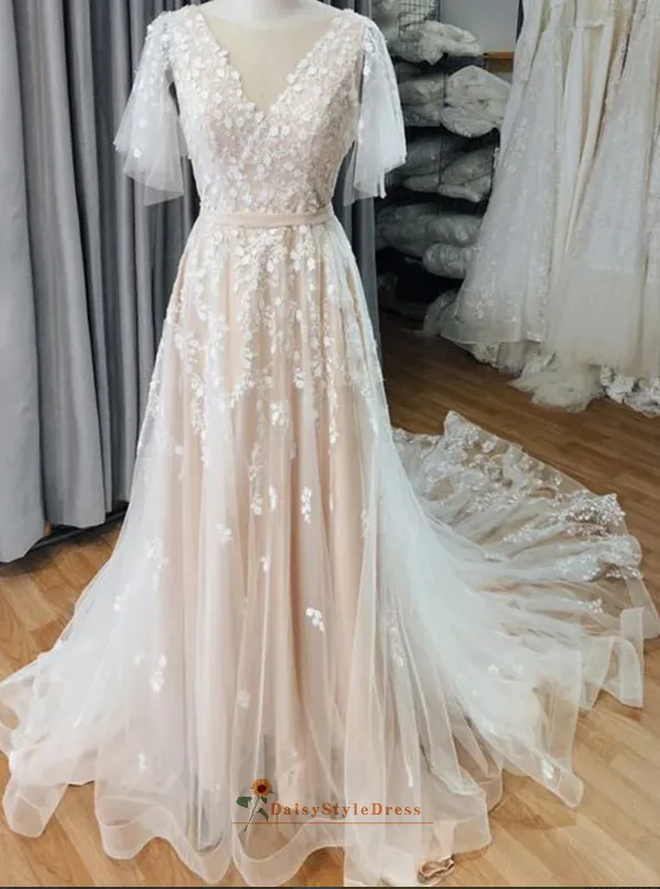 Deep V-back Boho Lace Summer Wedding Dress