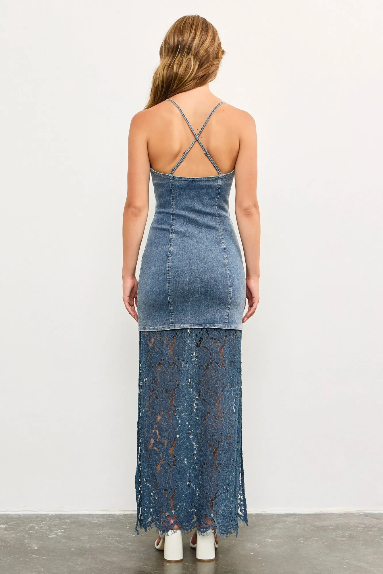 Denim Corset Sleeveless Lace Hem Maxi Dress