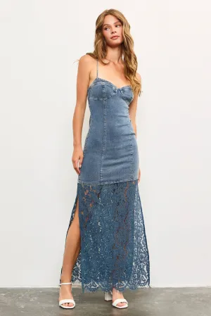 Denim Corset Sleeveless Lace Hem Maxi Dress