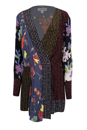 Diane von Furstenberg - Black & Multicolor Mixed Print Silk Long Sleeve Dress Sz S