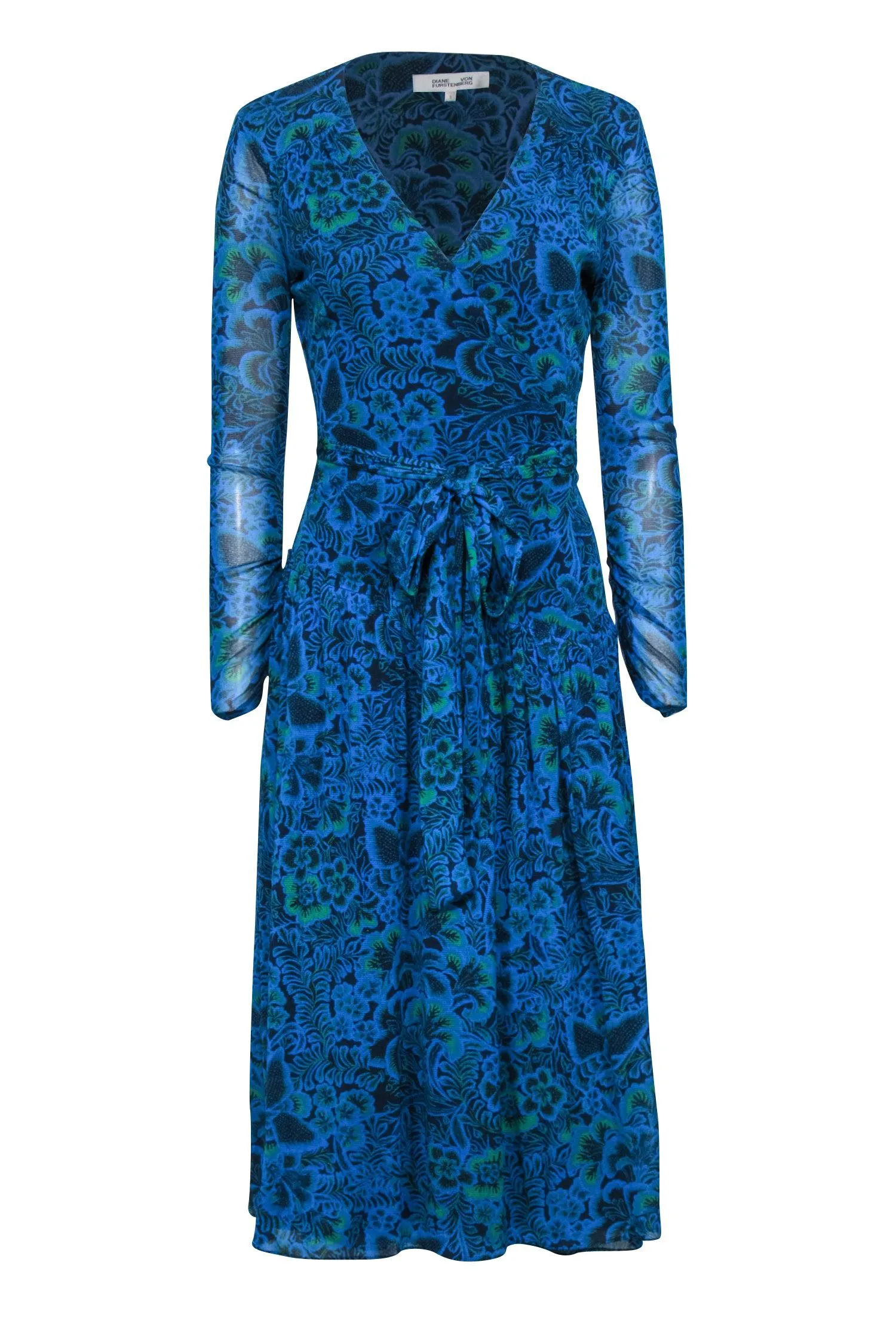 Diane von Furstenberg - Blue & Green Floral & Leaf Print Wrap Dress Sz S