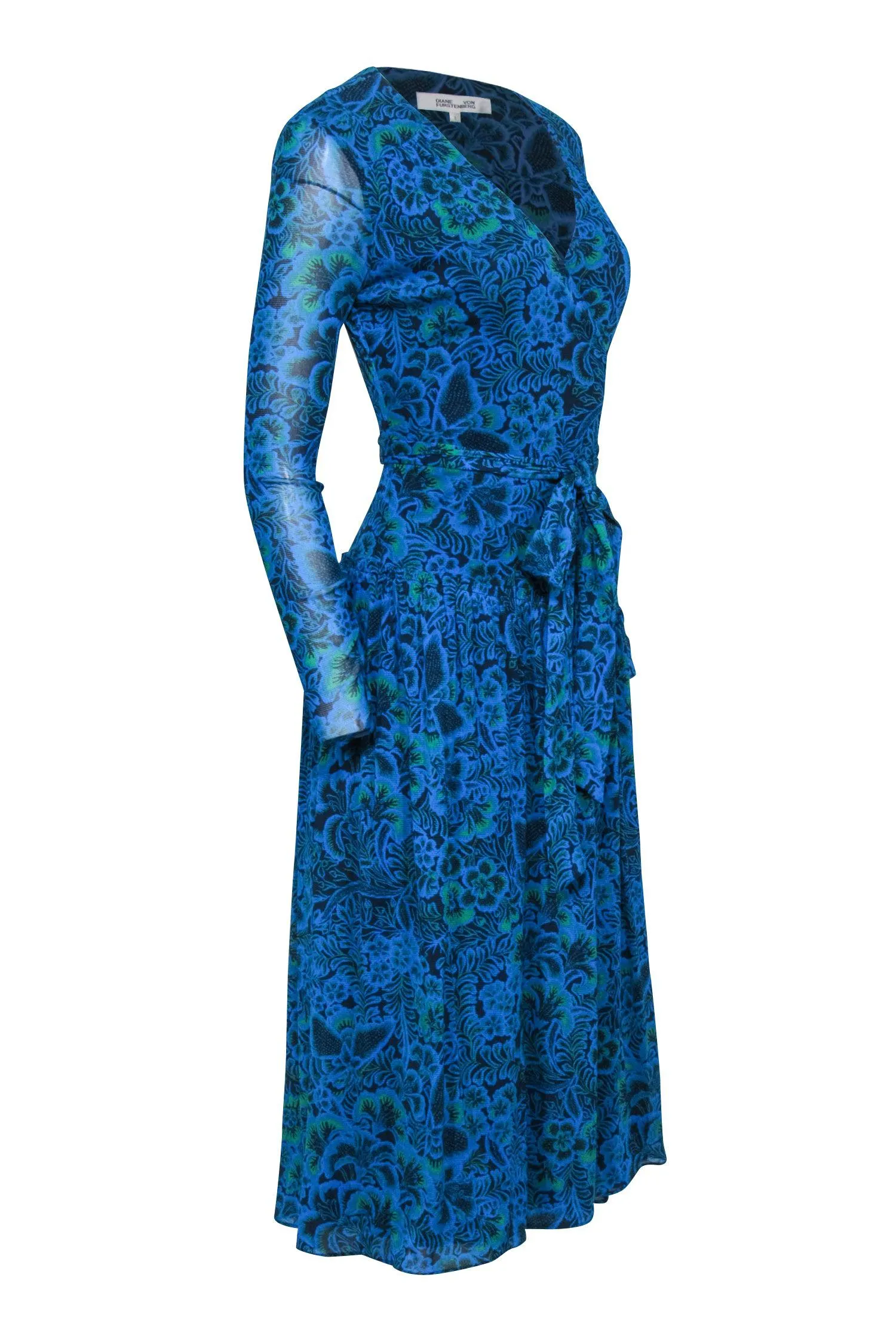 Diane von Furstenberg - Blue & Green Floral & Leaf Print Wrap Dress Sz S