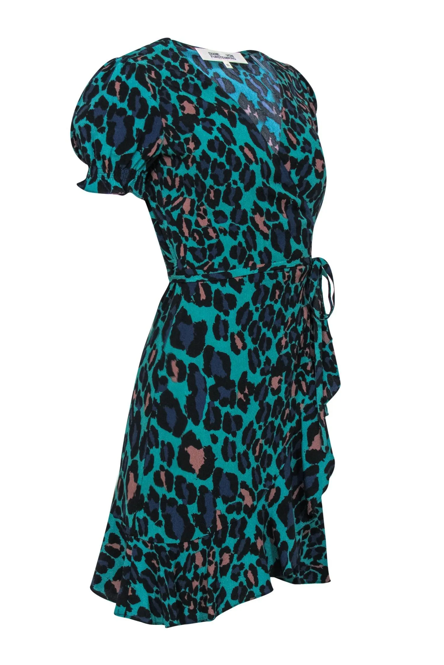 Diane von Furstenberg - Dark Teal & Multicolor Leopard Print Puff Sleeve Wrap Dress Sz XS