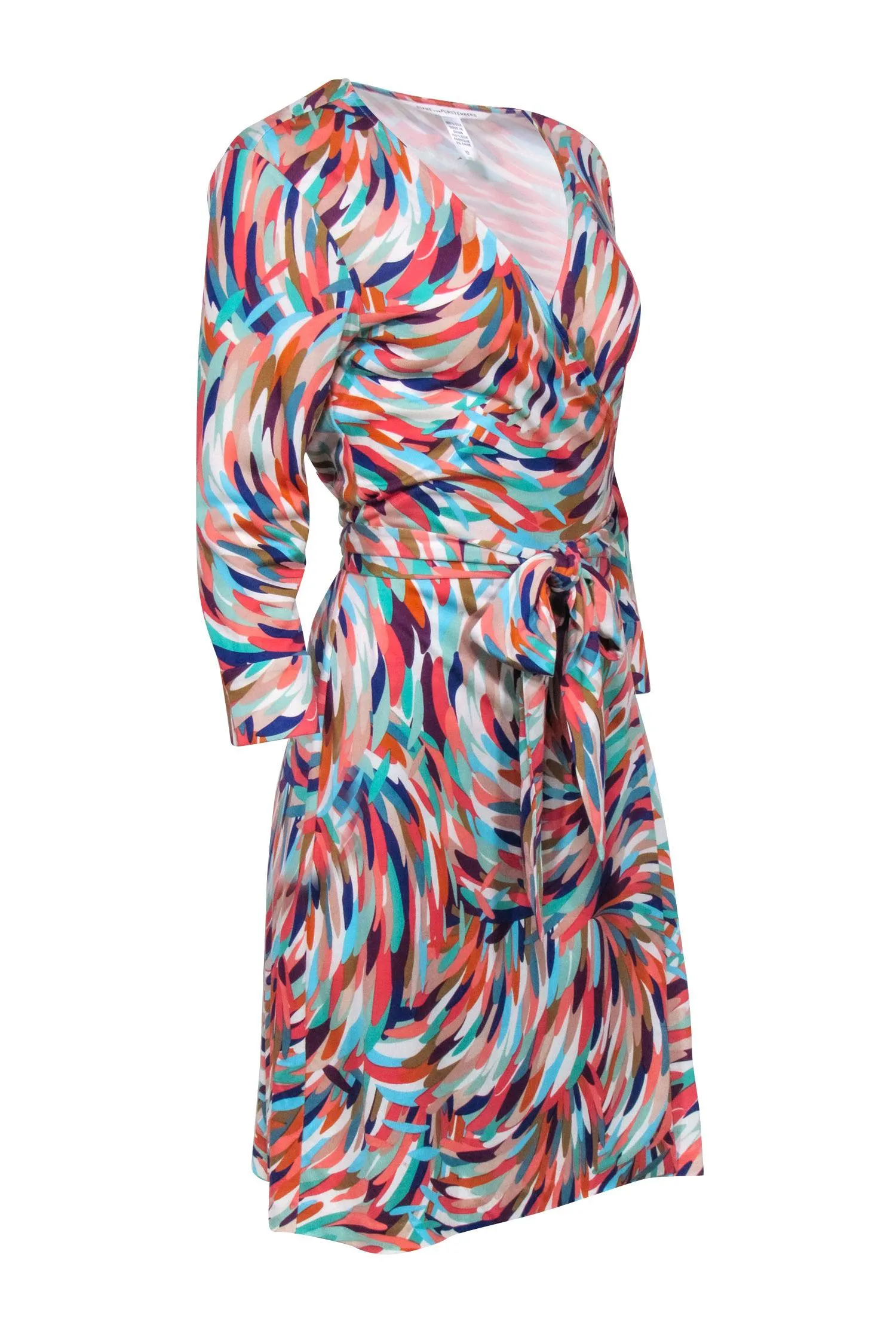 Diane von Furstenberg - Orange, Blue & Multicolor Feather Print Wrap Dress Sz 12