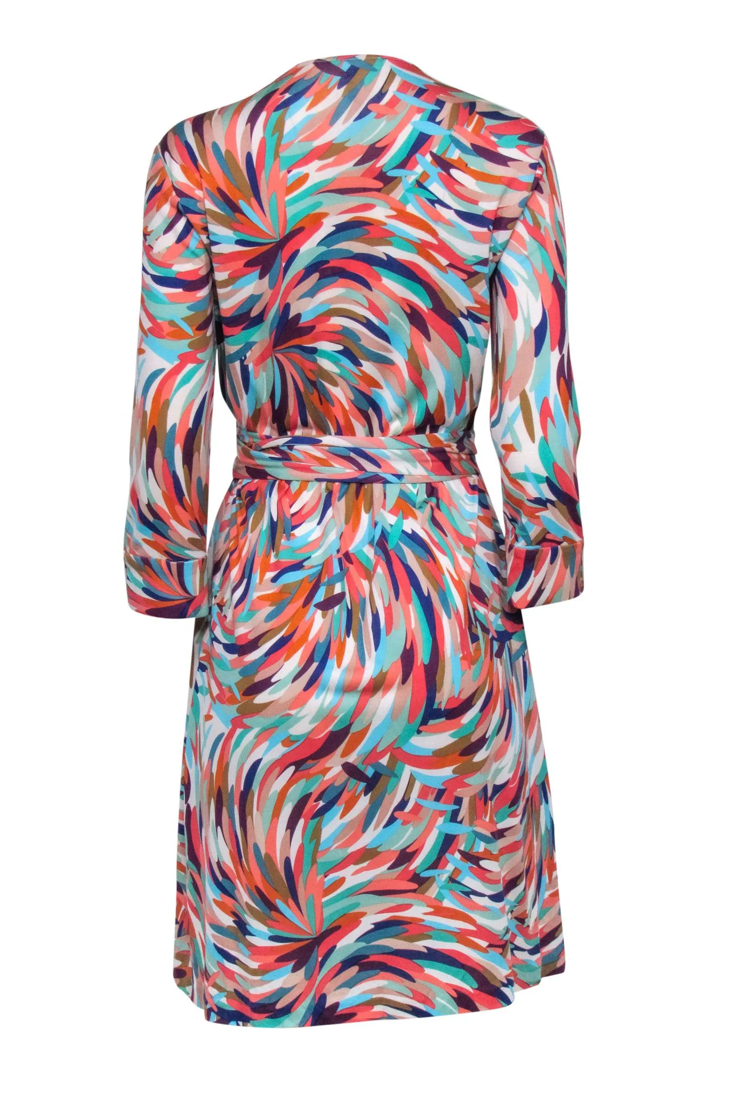 Diane von Furstenberg - Orange, Blue & Multicolor Feather Print Wrap Dress Sz 12