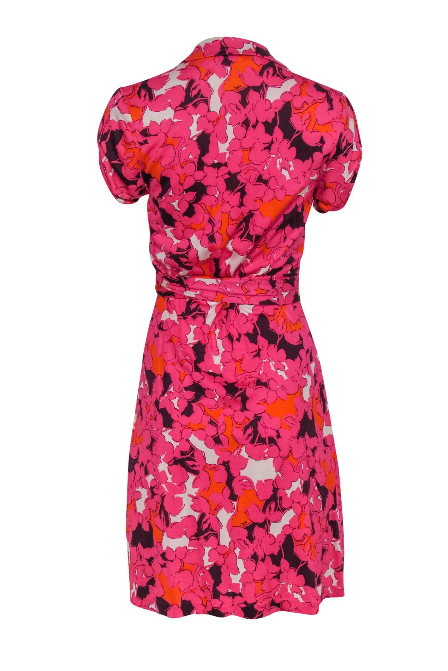 Diane von Furstenberg - Pink, Orange & White Floral Print Short Sleeve Silk Wrap Dress Sz 8