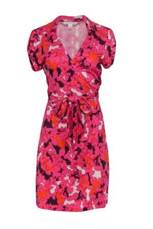 Diane von Furstenberg - Pink, Orange & White Floral Print Short Sleeve Silk Wrap Dress Sz 8