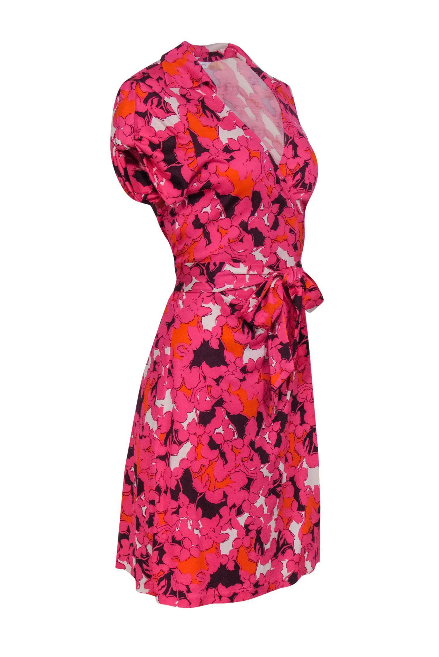 Diane von Furstenberg - Pink, Orange & White Floral Print Short Sleeve Silk Wrap Dress Sz 8