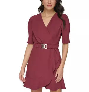 DKNY Puff-Sleeve Belted Faux-Wrap Dress