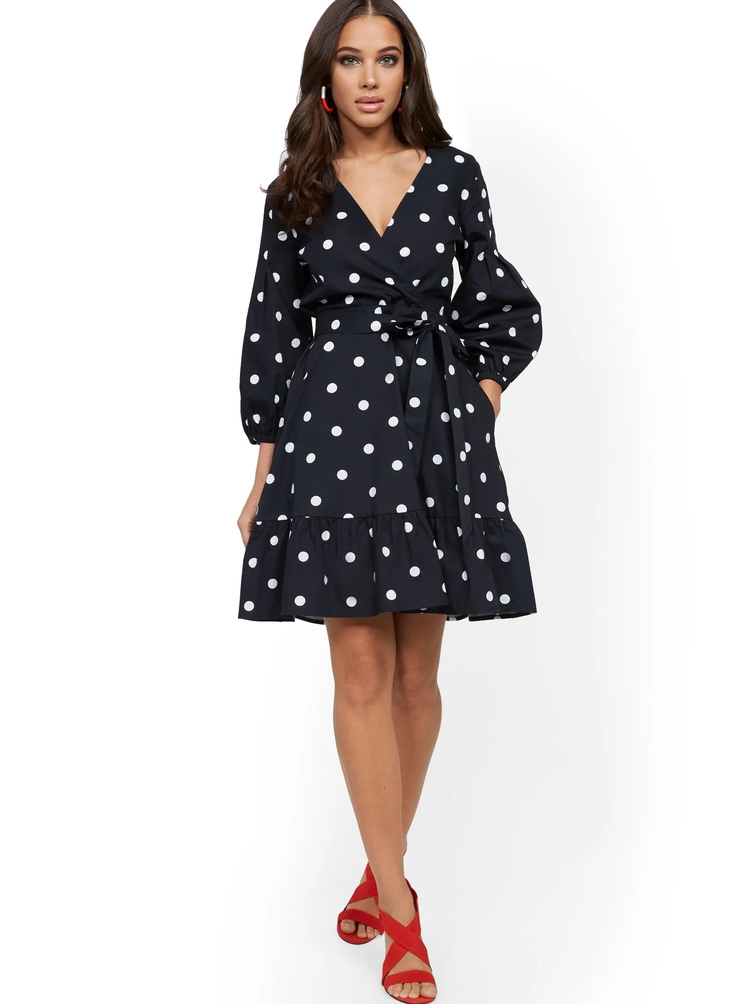 Dot-Print Belted Poplin Wrap Dress